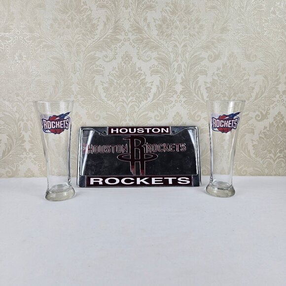 Houston Rockets Fan Bundle 2 Steins Mirrored License Plate with Plate Holder - Picture 1 of 10